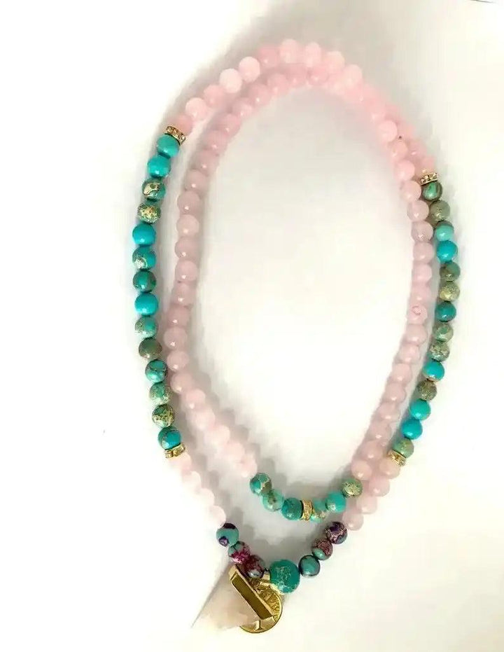 Crystal Destiny Rose Quartz & Imperial Jasper 108 bead mala necklace with a gold accent charm.