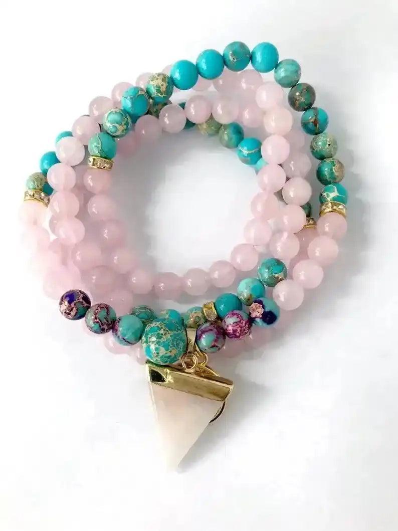 Crystal Destiny Rose Quartz & Imperial Jasper 108 bead mala bracelet with a triangular rose quartz pendant.