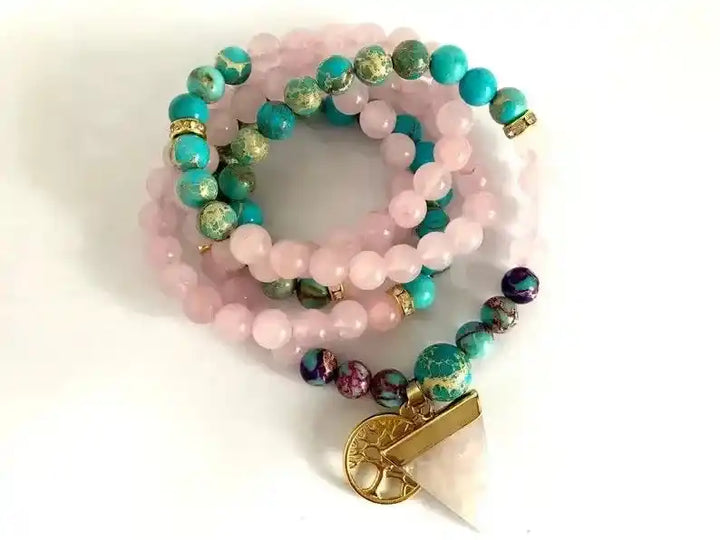 Rose Quartz & Jasper 108 Bead Mala Bracelet-Malas-Ali-Rose Quartz + Imerial Jasper-108 Beads-Crystal Destiny