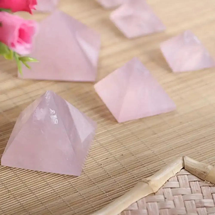 Hand-polished Rose Quartz Mini Pyramid for heart chakra healing, featuring a soft, milky pink stone in a sacred geometry.