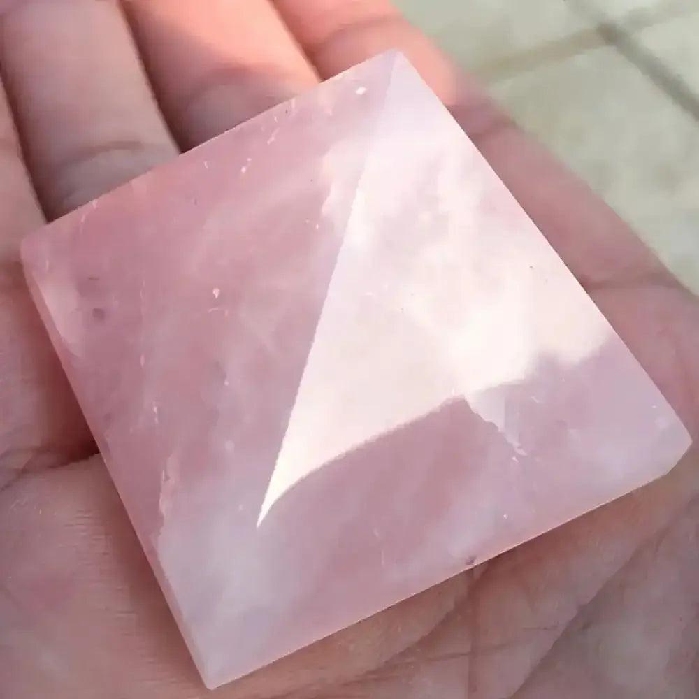 Hand-polished Rose Quartz Mini Pyramid in soft milky pink, perfect for Heart chakra healing and intention setting.