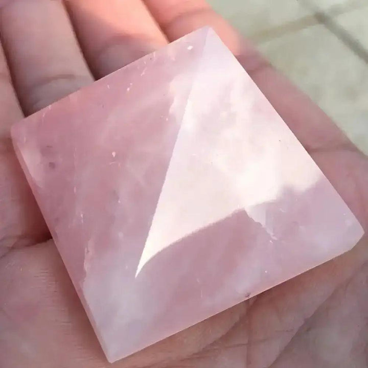 Hand-polished Rose Quartz Mini Pyramid in soft milky pink, perfect for Heart chakra healing and intention setting.