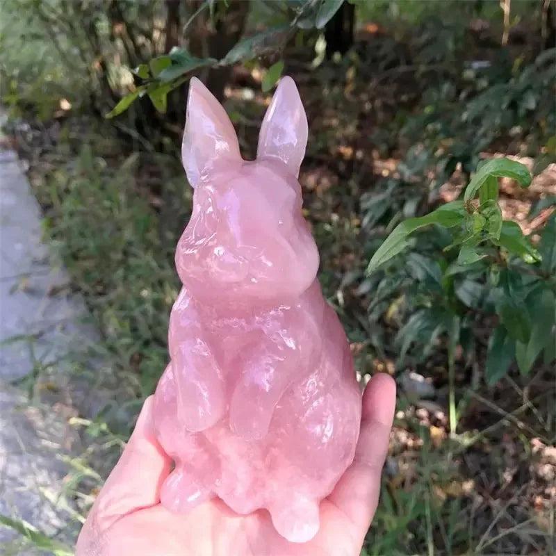 Rose Quartz Rabbit Figurine Hand Carved Crystal