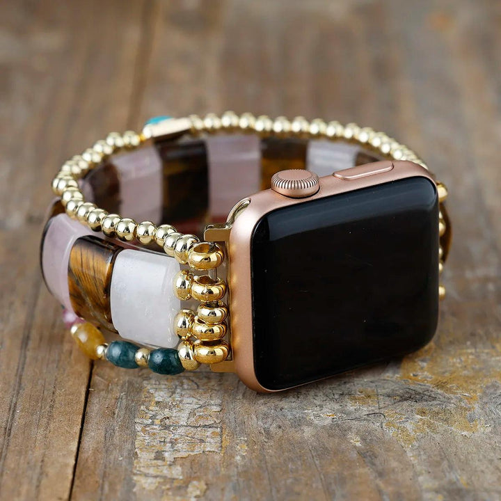 Rose Quartz and Tiger Eye Crystal Bead iWatch Band Strap, with gold accents, for love, confidence, and grounded focus.