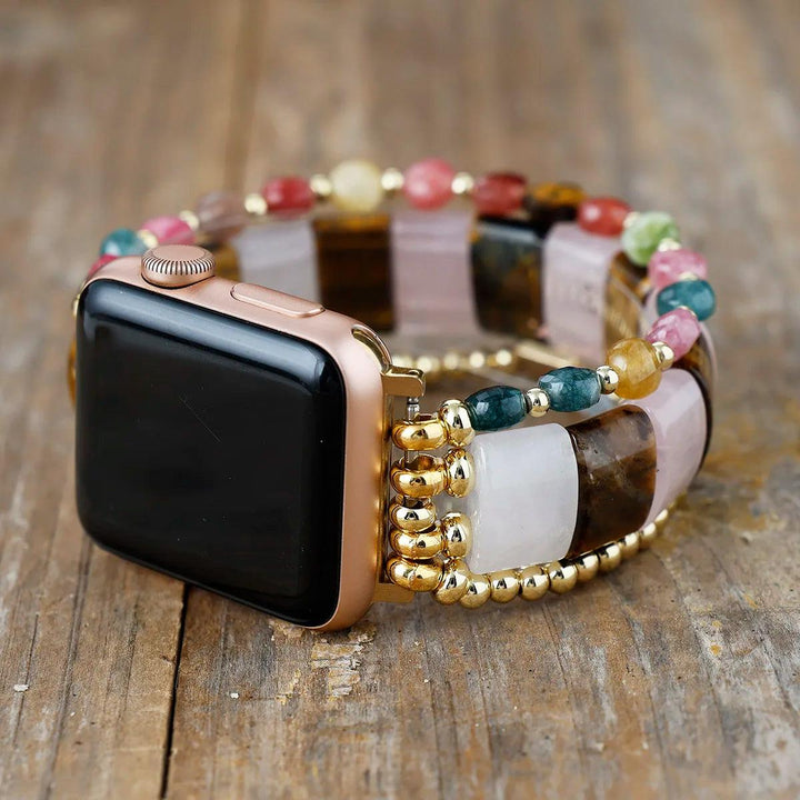 Rose Quartz & Tiger Eye Crystal Bead iWatch Band Strap: a rose gold smartwatch with a vibrant, beaded band for love and confidence.