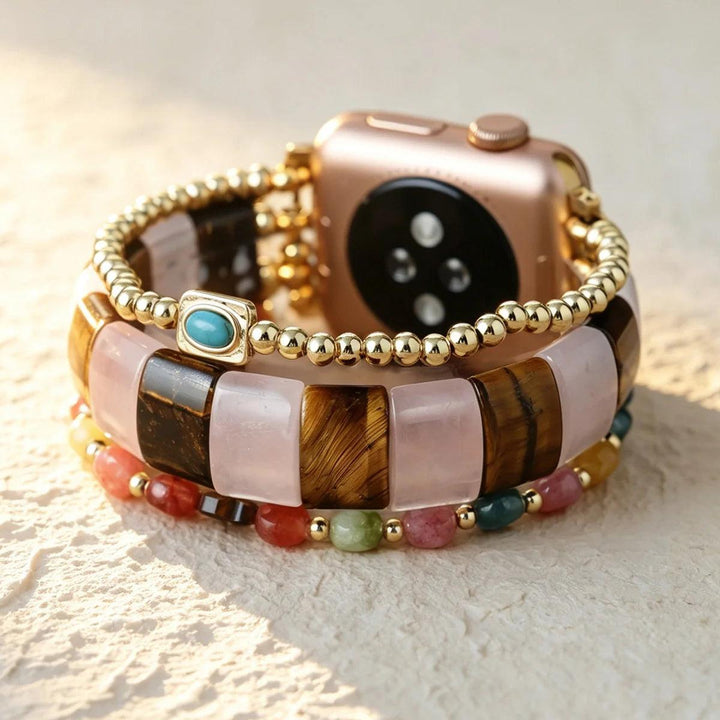 Rose Quartz and Tiger Eye Crystal Bead iWatch Band Strap for love, confidence, and grounded focus.