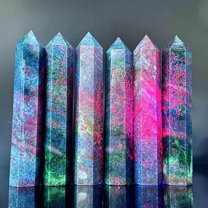 Polished Ruby Kyanite tower points featuring vibrant red ruby and blue kyanite for vitality and clear communication.