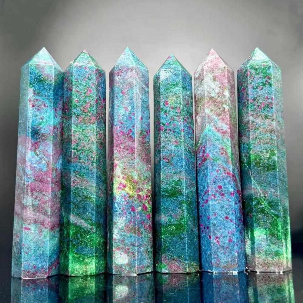 Polished Ruby Kyanite tower points, 95-115mm, featuring vibrant red ruby and blue kyanite for vitality and communication.