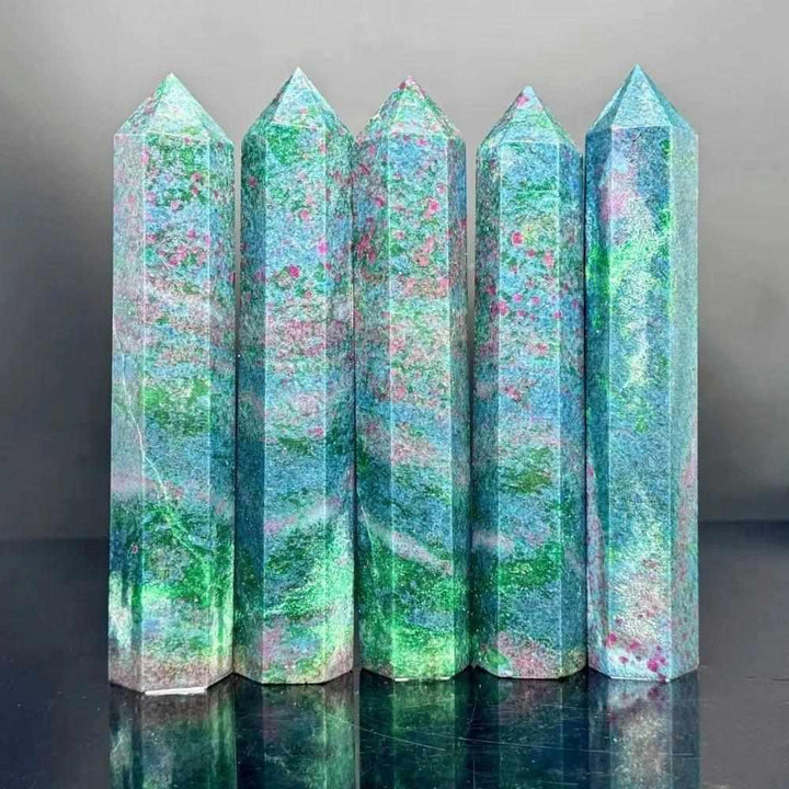 Polished Ruby Kyanite tower points featuring vibrant red ruby inclusions in blue kyanite for vitality and communication.