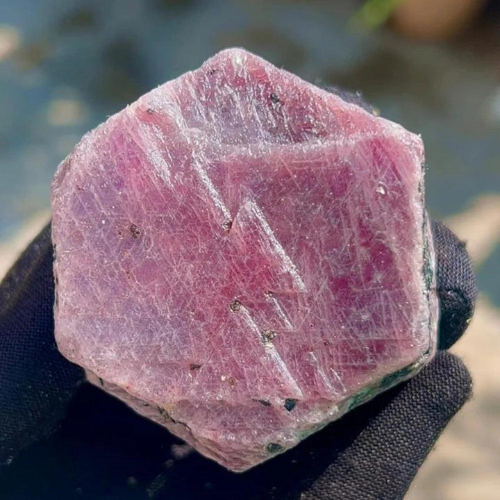 Raw Ruby Hexagon Sacred Geometry Specimen, a deep fiery red crystal for vitality, passion, and confidence.