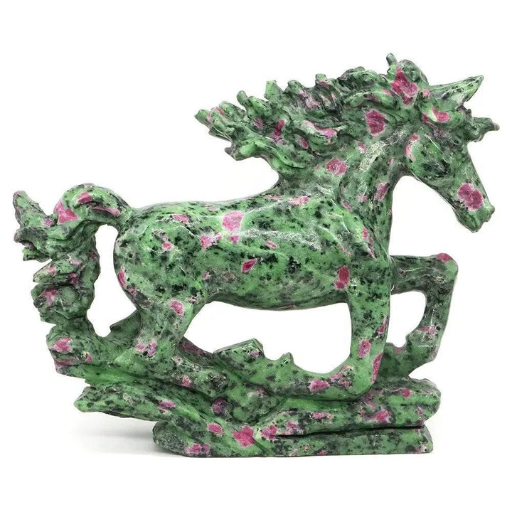 Crystal Destiny's 9.3" ruby zoisite horse carving, vibrant green with pink ruby spots, symbolizing freedom and vitality.
