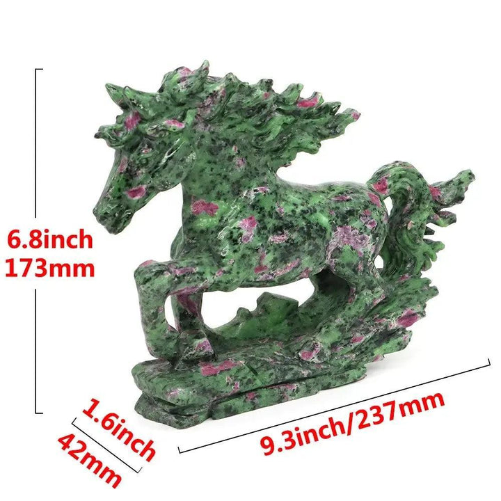 Crystal Destiny's 9.3" ruby zoisite horse carving, vibrant green with red ruby spots, symbolizing freedom and vitality.
