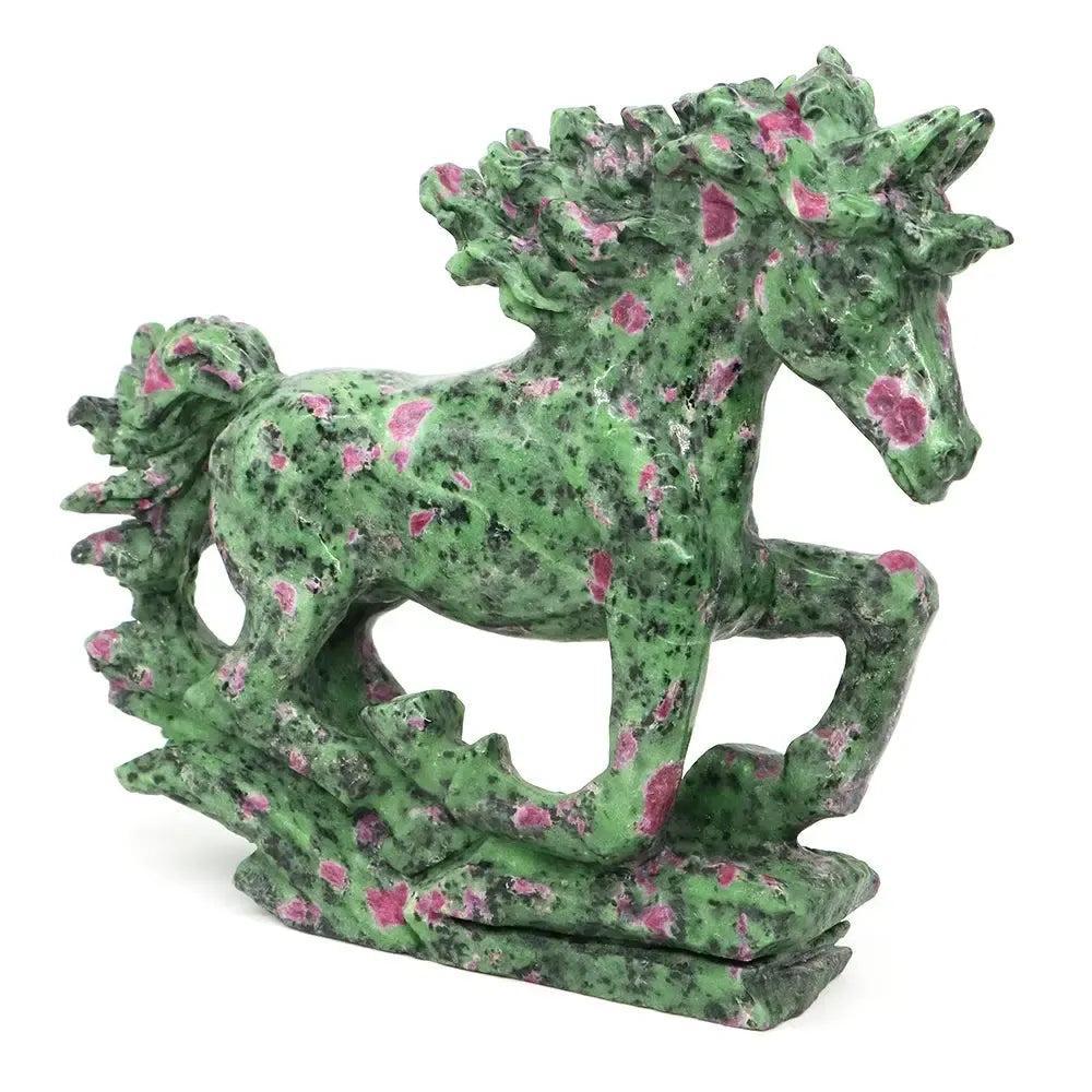Ruby Zoisite horse carving (9.3") from Crystal Destiny, showcasing vibrant green with pink ruby spots.
