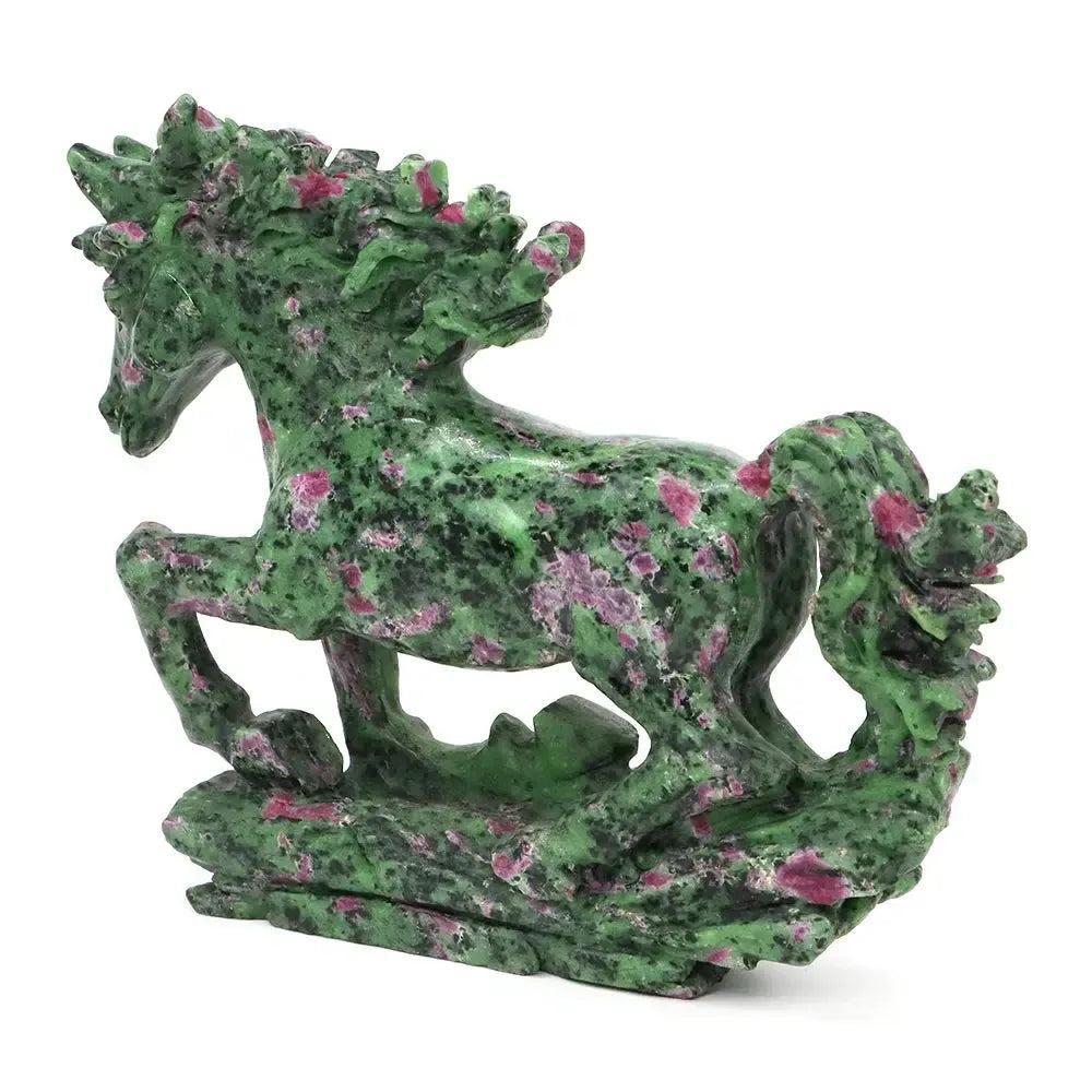 Ruby Zoisite horse carving from Crystal Destiny, 9.3" tall, featuring vibrant green and ruby red hues.