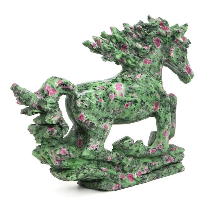 Ruby Zoisite horse carving from Crystal Destiny. Green stone with vibrant pink ruby spots, 9.3" tall.