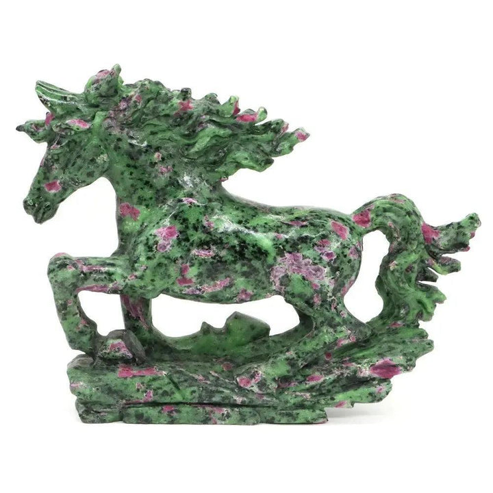 Ruby Zoisite horse carving from Crystal Destiny, 9.3" tall, featuring vibrant green and red gemstone.