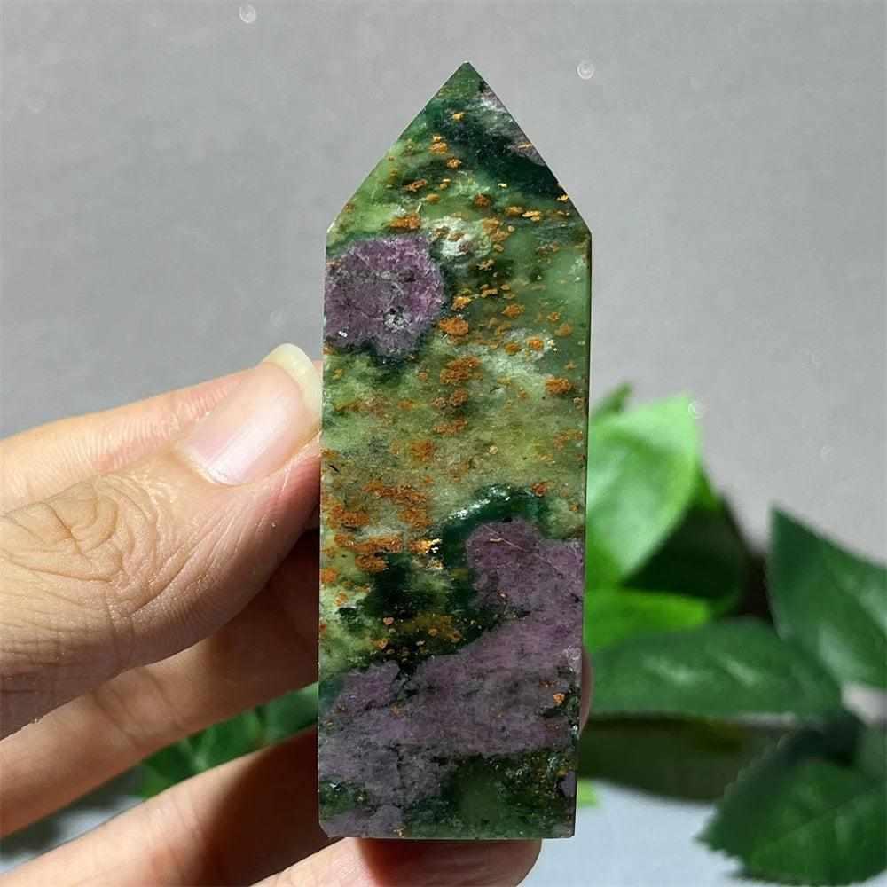 Polished Ruby Zoisite point tower featuring vibrant pink ruby crystals in green zoisite for heart and root chakra energy.