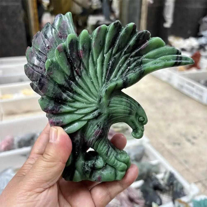 Hand-carved Ruby in Zoisite eagle collector piece featuring vibrant green, red, and black stone for heart-centered energy.
