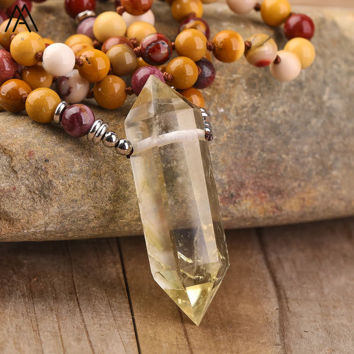 Crystal Quartz, Citrine or Amethyst 108 Mala Bead Pendant Necklace