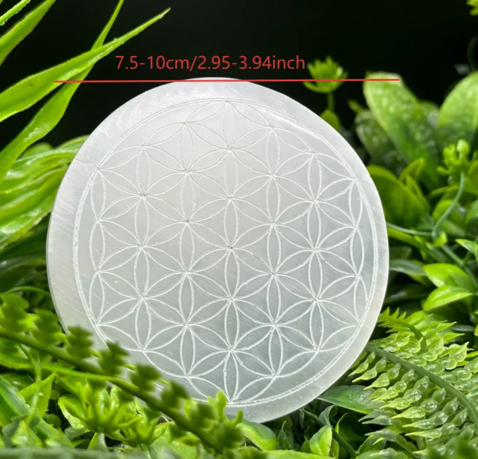 Selenite Crystal Carved Flower of Life Charging Plate