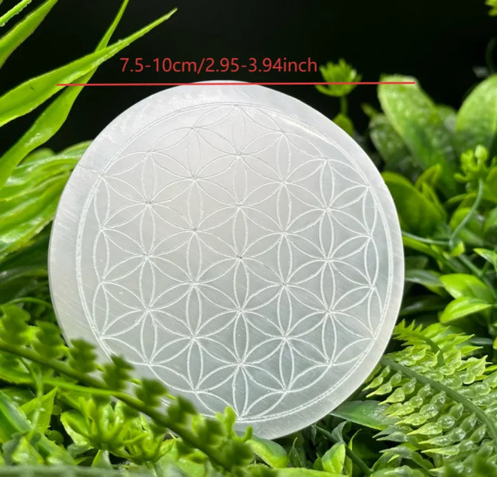Selenite Crystal Carved Flower of Life Charging Plate