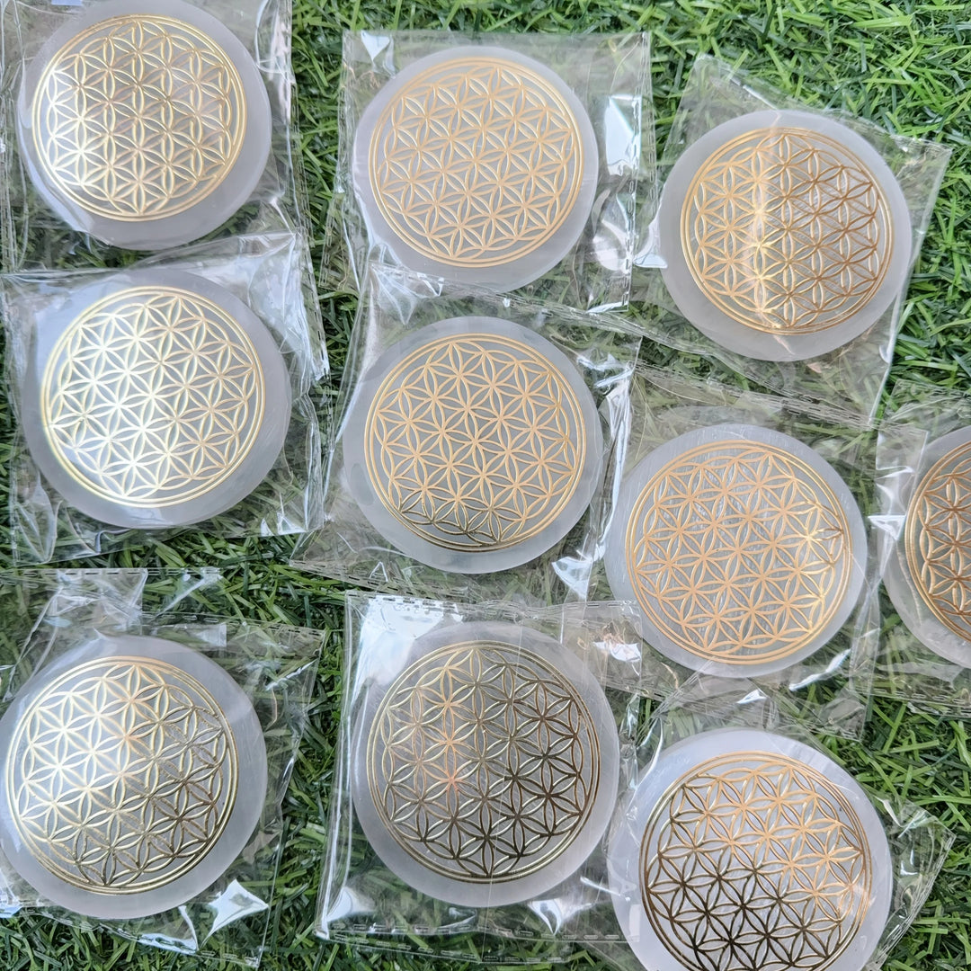Selenite Flower of Life Crystal Charging Plate Slab