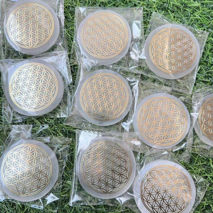 Selenite Flower of Life Crystal Charging Plate Slab