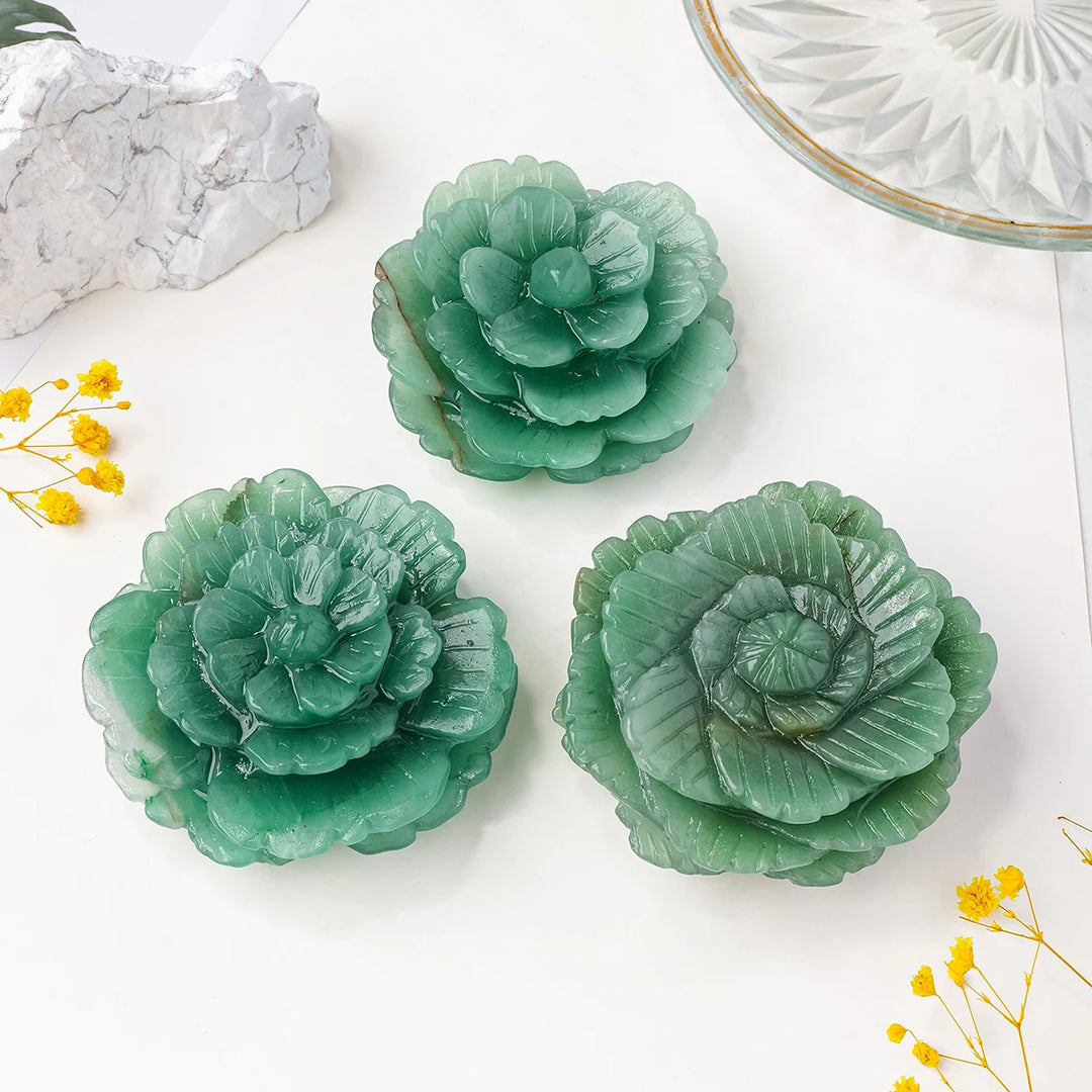 Green Aventurine Crystal Carved Peony Flower