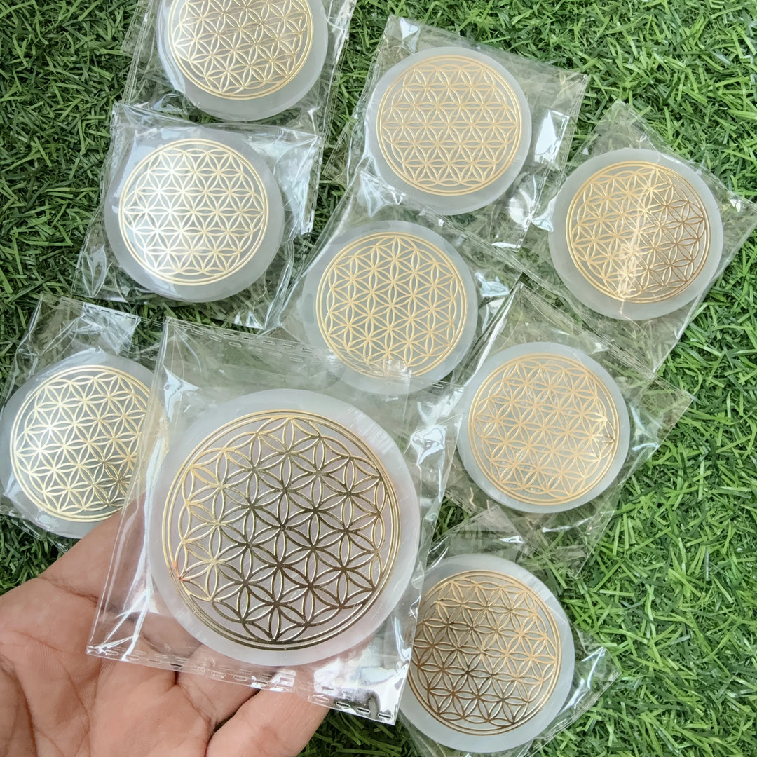 Selenite Flower of Life Crystal Charging Plate Slab