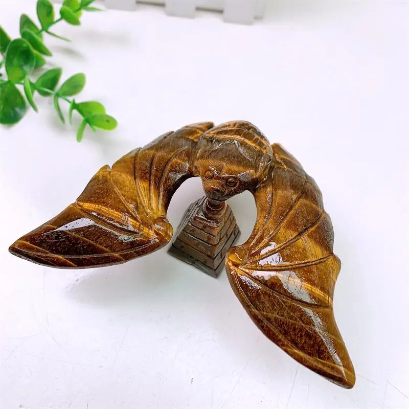 Tiger Eye Crystal Carved Spinning Bat with Pyramid Sculpture