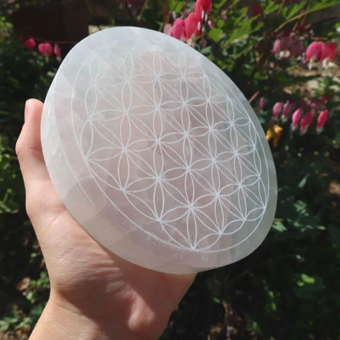 Selenite Crystal Carved Flower of Life Charging Plate