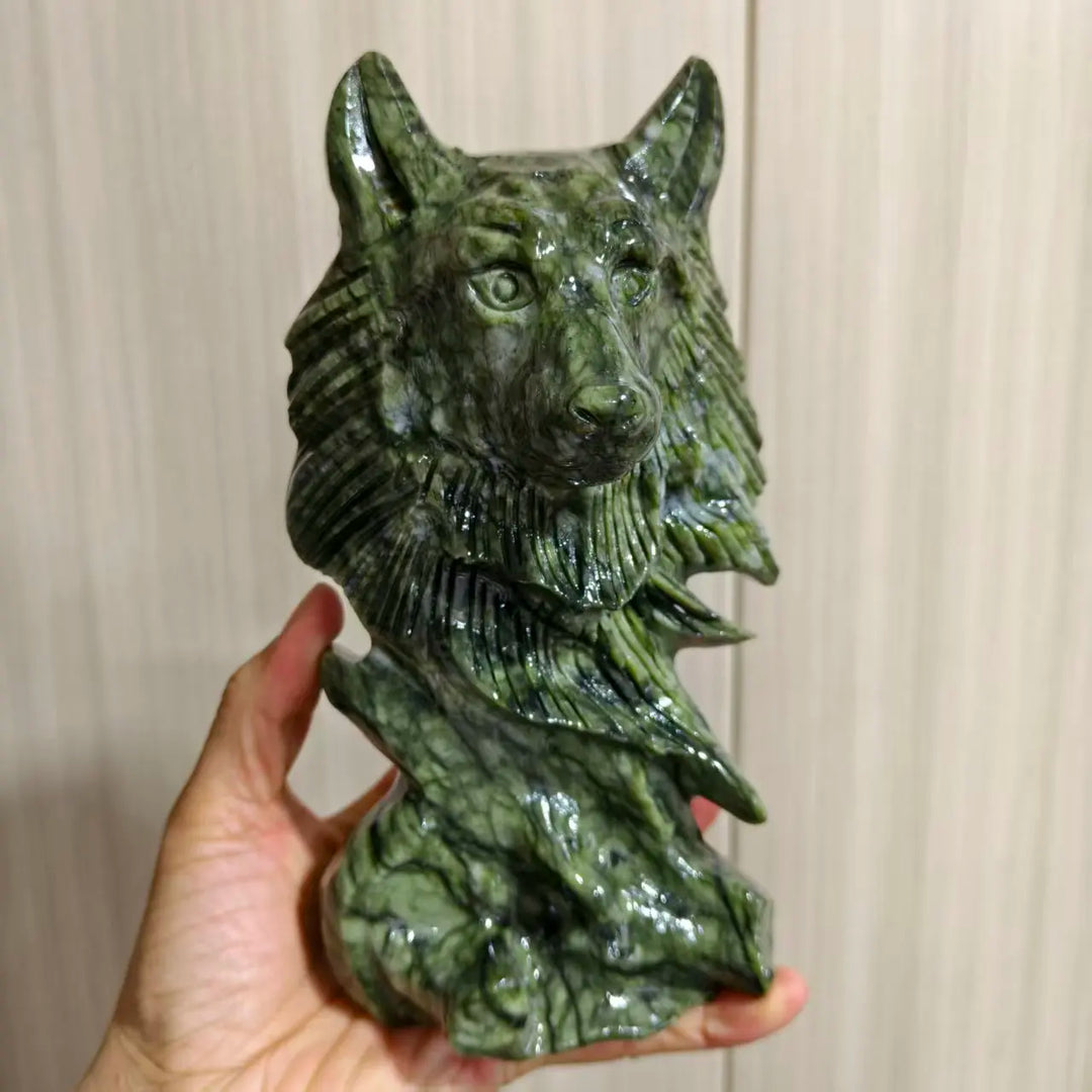 Serpentine Crystal Carved Wolf Head Collector Piece