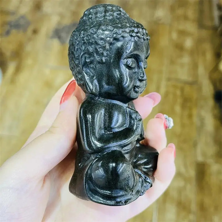 Golden Obsidian Crystal Carved Seated Buddha Statue