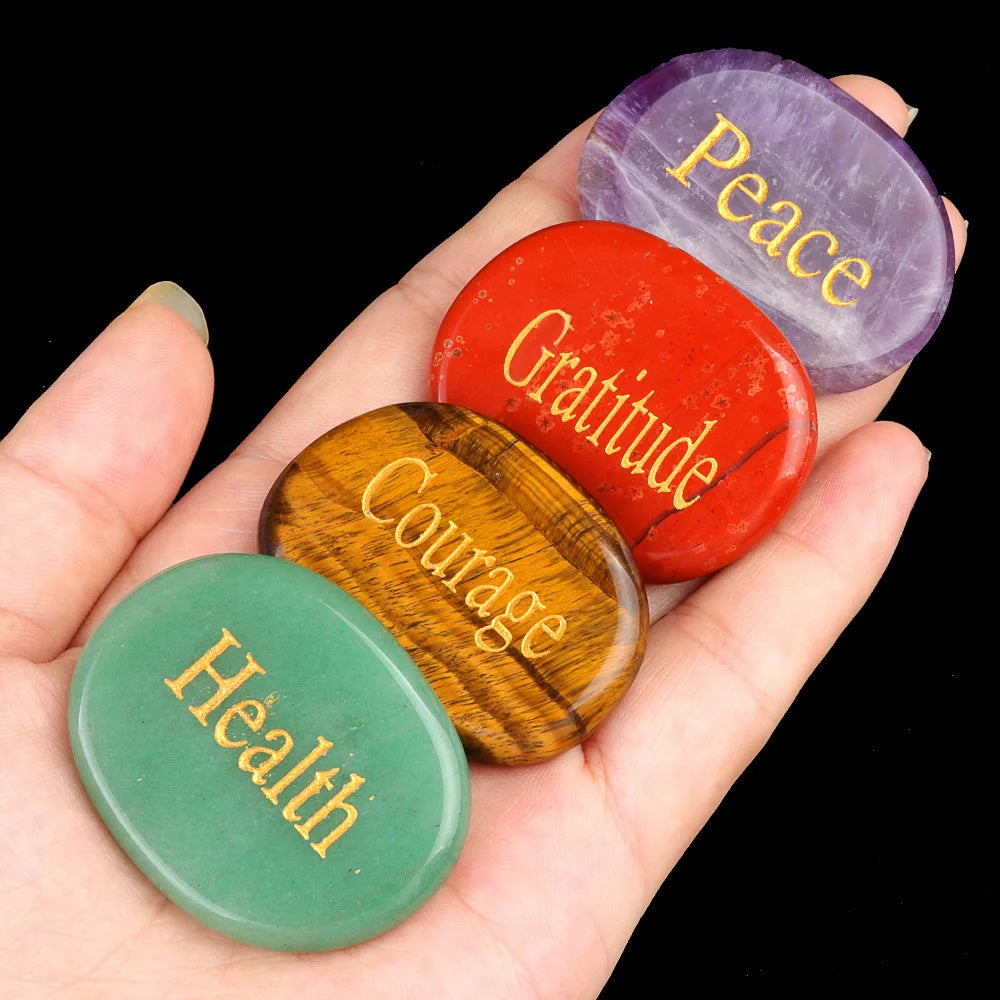 Natural Crystal Engraved Oval Inspirational Word Palm Stone