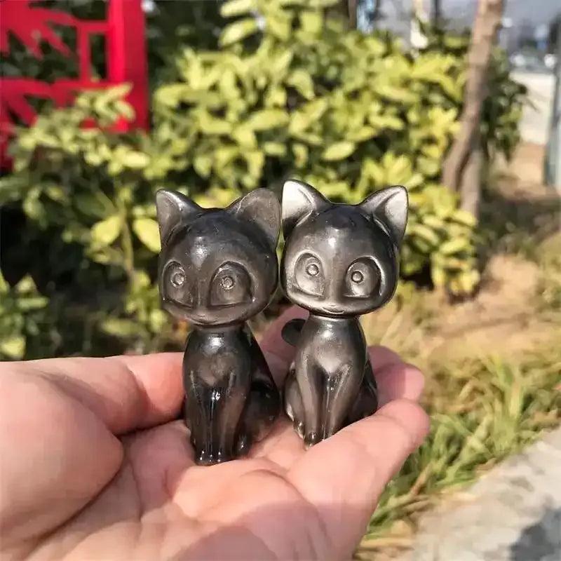 Silver Obsidian Cat Carving