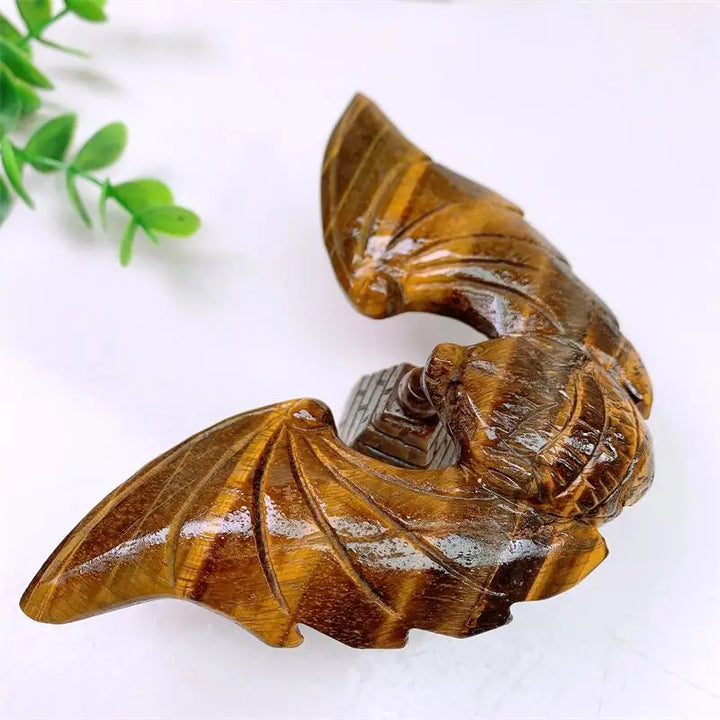 Tiger Eye Crystal Carved Spinning Bat with Pyramid Sculpture