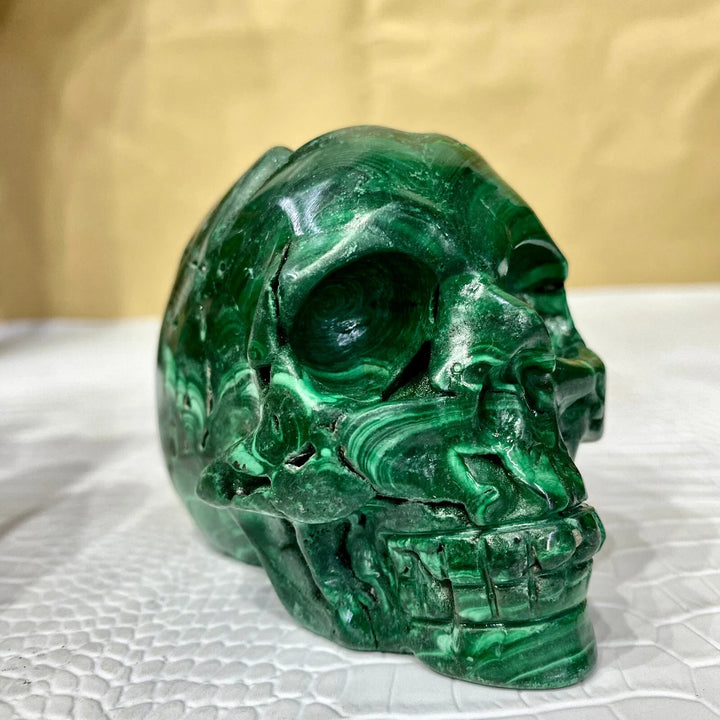 Malachite Crystal Carved Skull with Natural Green Banding