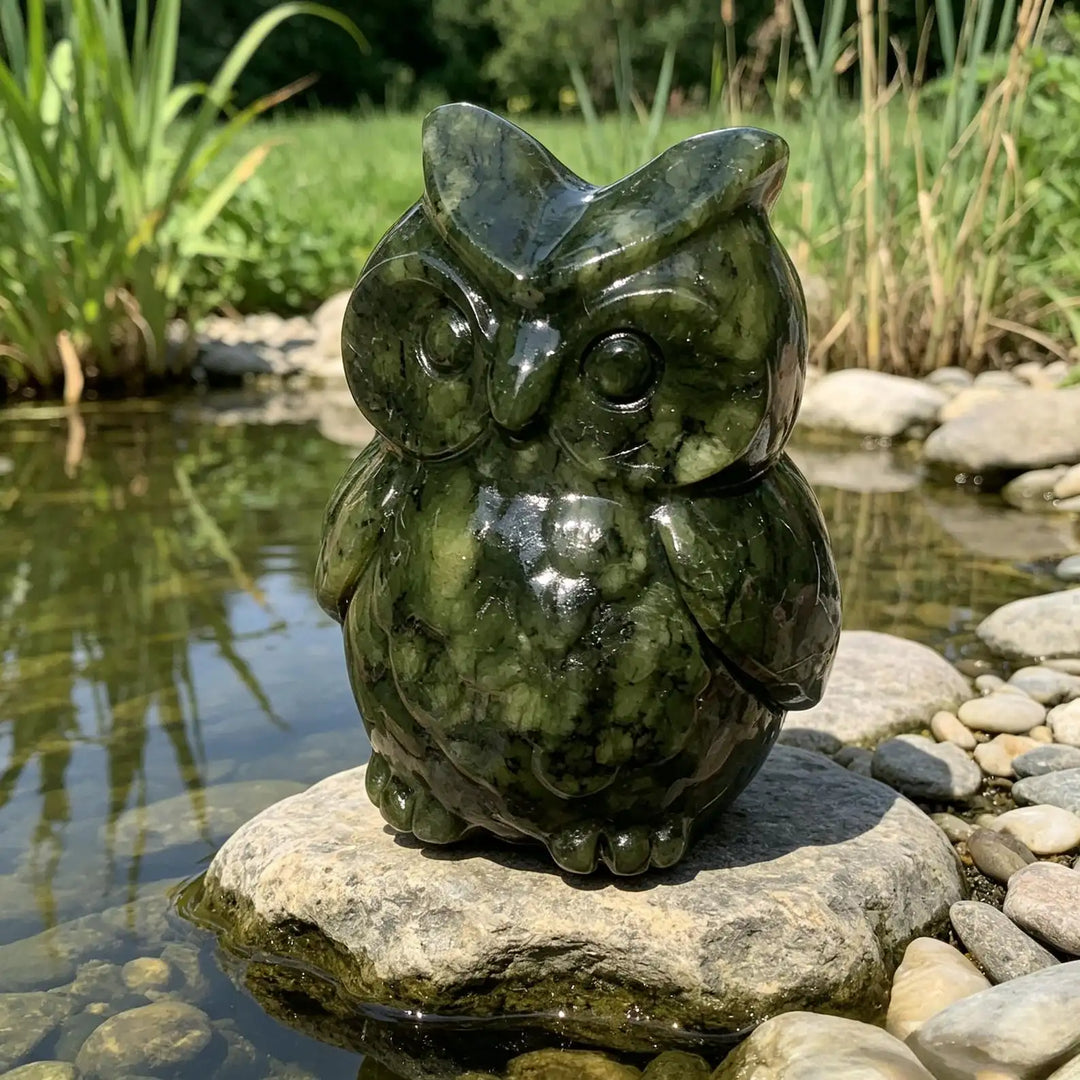 Serpentine Crystal Carved Owl Figurine