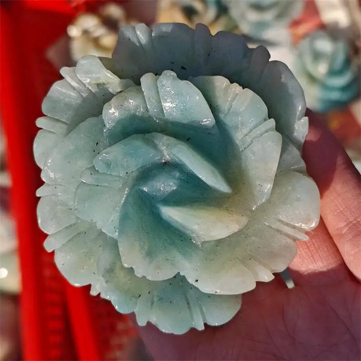 Amazonite Crystal Carved Blooming Flower Sculpture