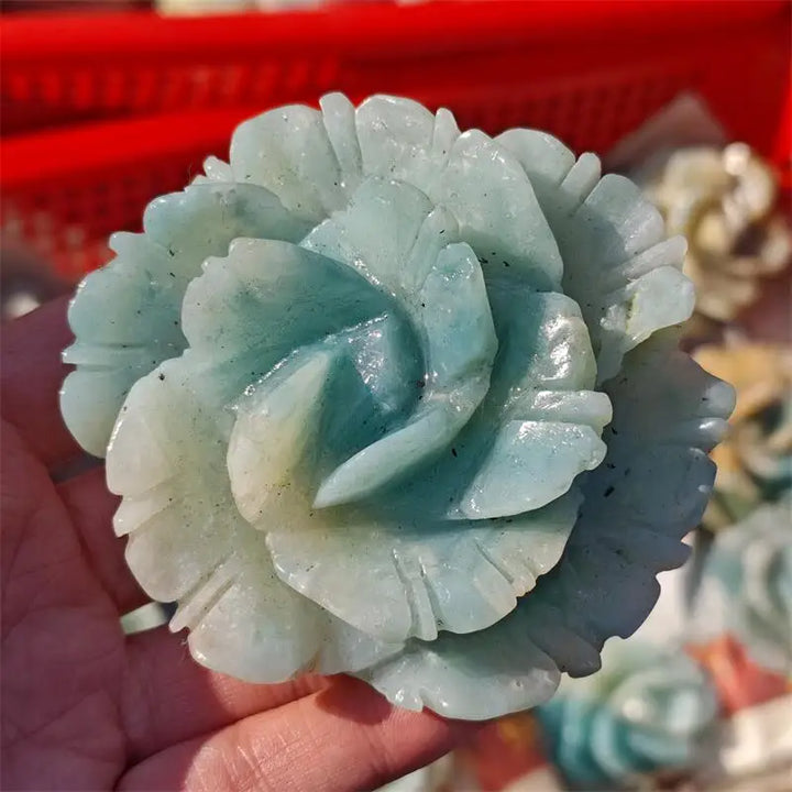 Amazonite Crystal Carved Blooming Flower Sculpture