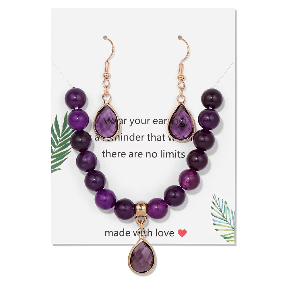 Natural Crystal Jewelry Set Beaded Bracelet and Earrings