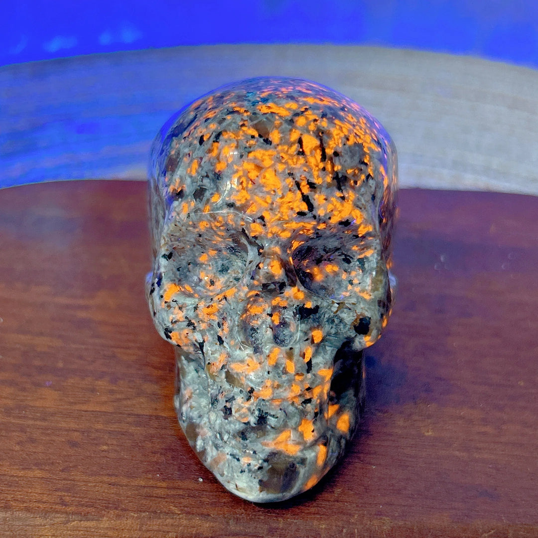 Yooperlite Crystal Carved Skull UV Reactive Glowing Stone