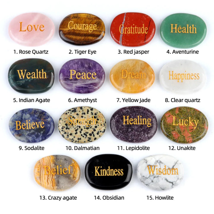 Natural Crystal Engraved Oval Inspirational Word Palm Stone