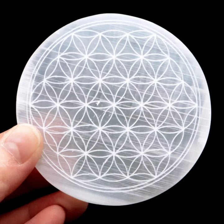 Selenite Crystal Carved Flower of Life Charging Plate
