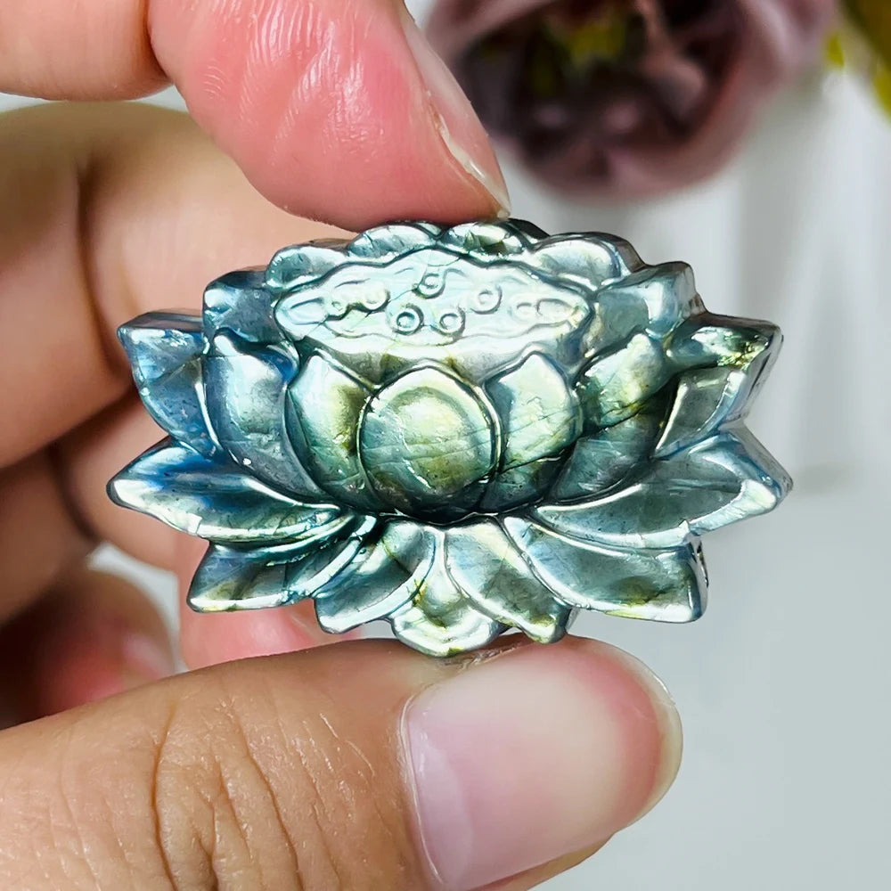 Moonstone and Labradorite Crystal Carved Lotus Flower