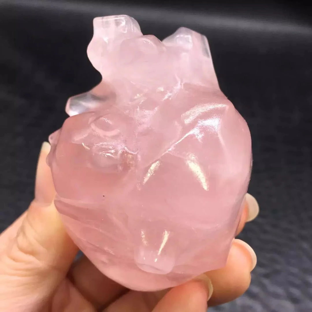Rose Quartz Crystal Carved Anatomical Heart Sculpture