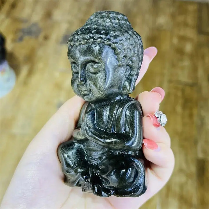 Golden Obsidian Crystal Carved Seated Buddha Statue