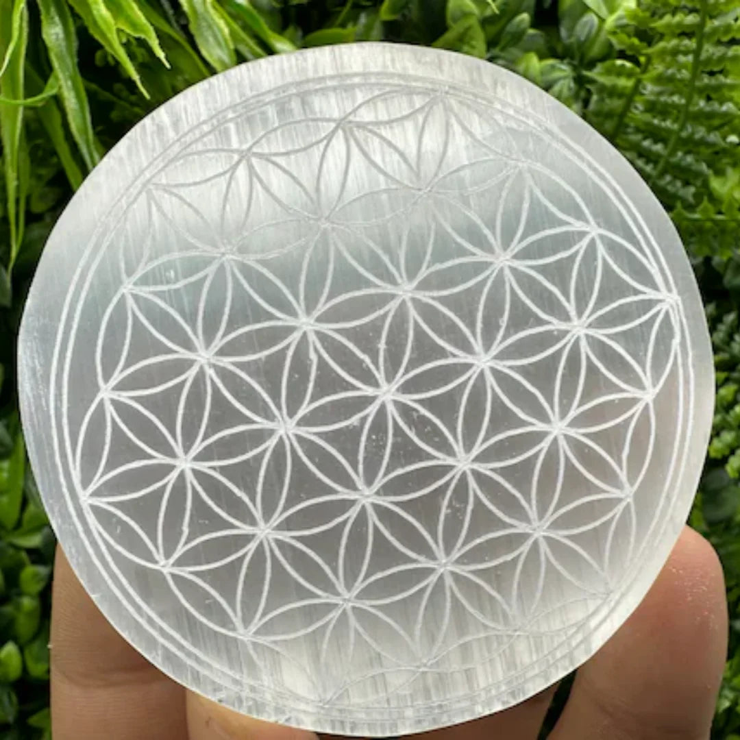 Selenite Crystal Carved Flower of Life Charging Plate
