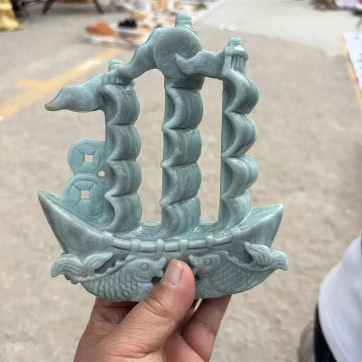 Green Jade Crystal Carved Sailboat Statue For Prosperity