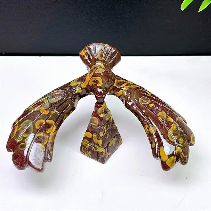 Fruit Jasper Crystal Carved Eagle and Pyramid Spinning Statue